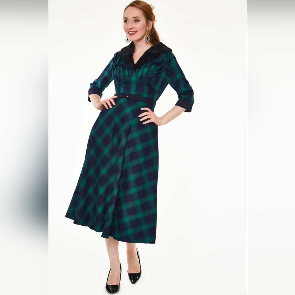 Voodoo Vixen Plaid Green & Navy Flare Dress Small